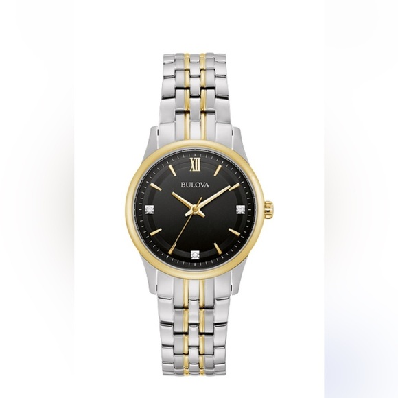 Bulova Two-tone Stainless 3-Diamond Black Date Dial Bracelet Watch - Picture 1 of 11